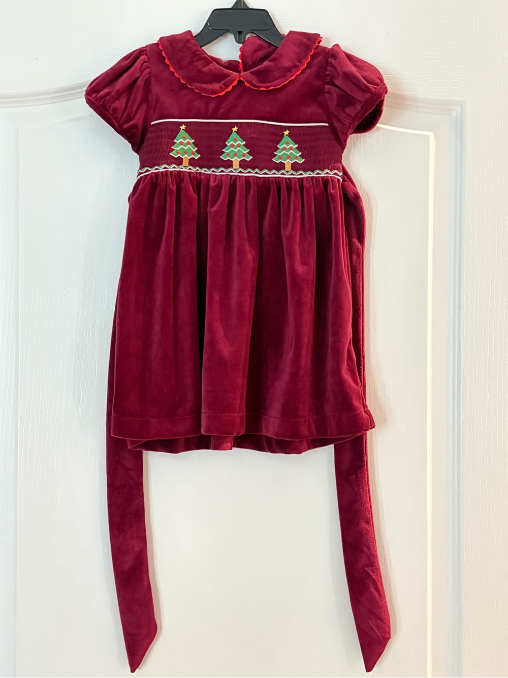 Girls' Burgundy Velvet Holiday Dress with Tree Smocking